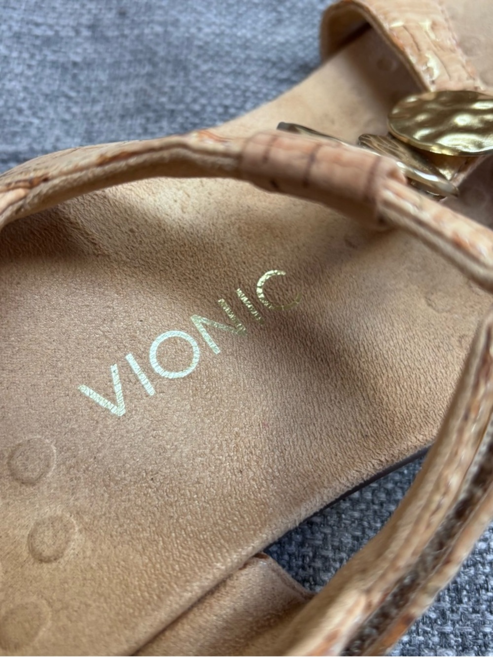 Vionic Tan Cork-Textured Slingback Sandals with Gold Disc Accents - Picture 3 of 10